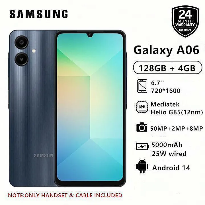 Samsung Galaxy A06 128GB+4GB 50MP Camera 6.7" 90Hz MTK Helio G85 (12nm) 5000mAh 25W Type-C Charge Android 14 Side Fingerprint Unlock phone Smart Phone+ FREE GIFTS( ADAPTER , EARPODS.