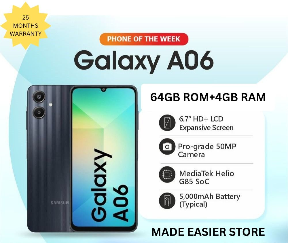 Samsung Galaxy A06 128GB+4GB 50MP Camera 6.7" 90Hz MTK Helio G85 (12nm) 5000mAh 25W Type-C Charge Android 14 Side Fingerprint Unlock phone Smart Phone+ FREE GIFTS( ADAPTER , EARPODS.