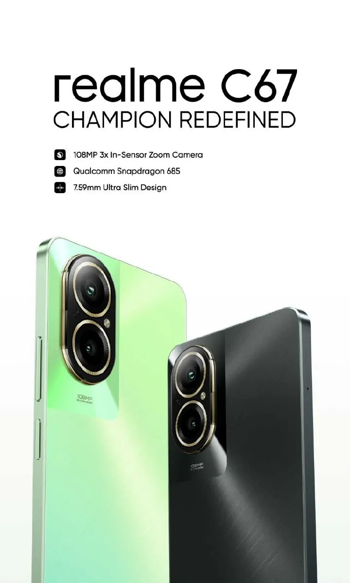New Arrival Realme C67 128GB ROM + 6GB RAM 108MP Camera + 8MP SELFIE 6.72'' 90Hz Refresh rate 33W 5000mAh BATTERY CAPACITY Dual Speakers Android 14 Dual SIM Smart Phones SMARTPHONES