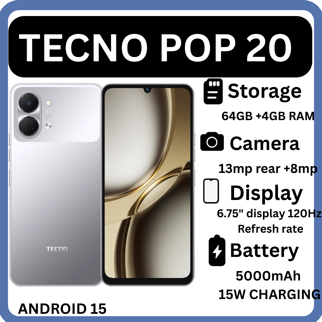 GOOD DEALS !!{NEW ARRIVAL}! TECNO POP 20 64GB ROM +4GB RAM 6.75 inch FHD 5000mAh Battery 13MP Main Camera Dual SIM 4G 15W FAST NETWORK UNISOC T7250 PROCESSOR Android 15 Mobile Phones SMARTPHONES