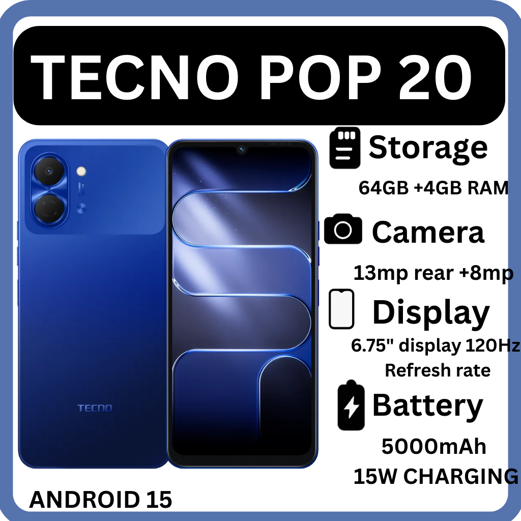 GOOD DEALS !!{NEW ARRIVAL}! TECNO POP 20 64GB ROM +4GB RAM 6.75 inch FHD 5000mAh Battery 13MP Main Camera Dual SIM 4G 15W FAST NETWORK UNISOC T7250 PROCESSOR Android 15 Mobile Phones SMARTPHONES