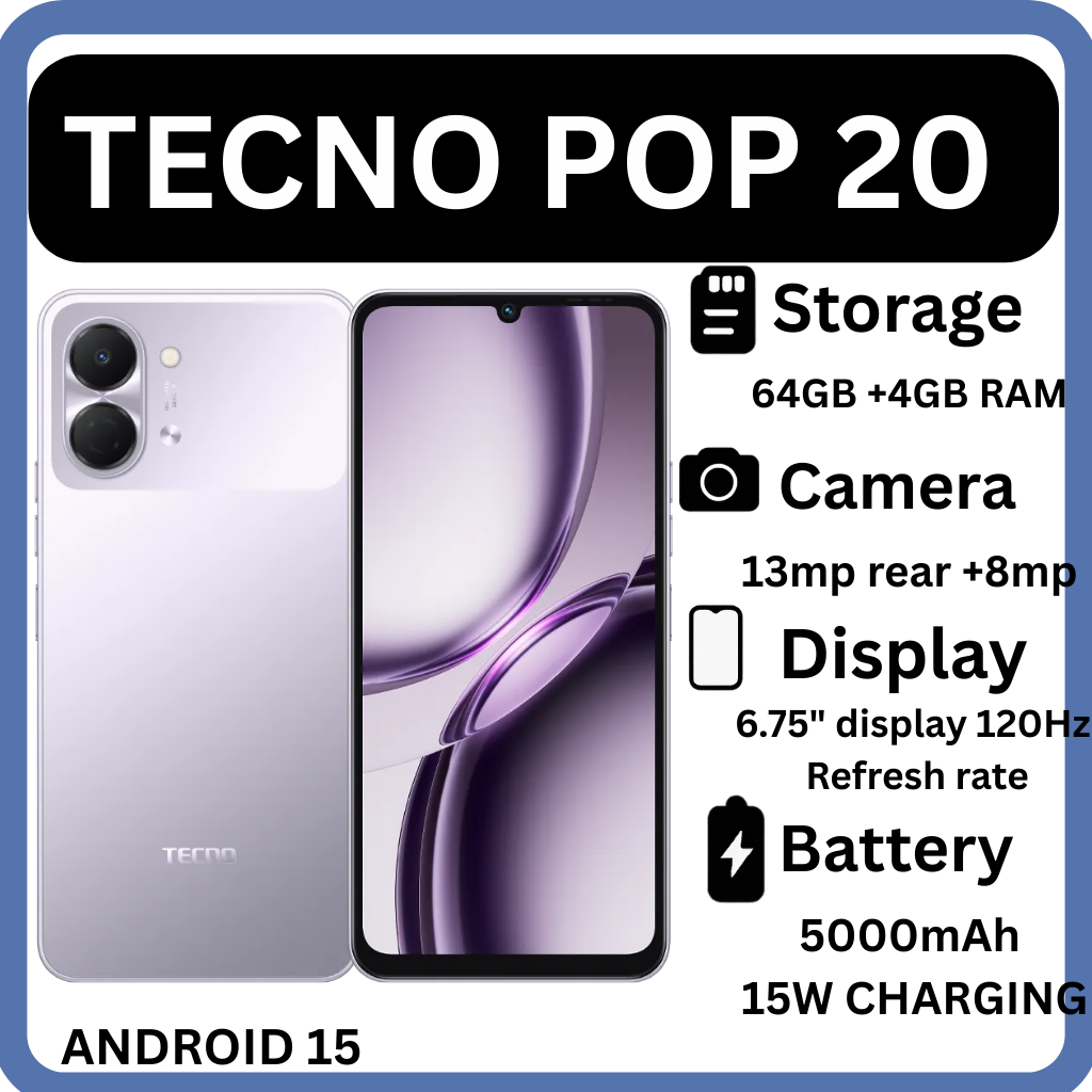 GOOD DEALS !!{NEW ARRIVAL}! TECNO POP 20 64GB ROM +4GB RAM 6.75 inch FHD 5000mAh Battery 13MP Main Camera Dual SIM 4G 15W FAST NETWORK UNISOC T7250 PROCESSOR Android 15 Mobile Phones SMARTPHONES