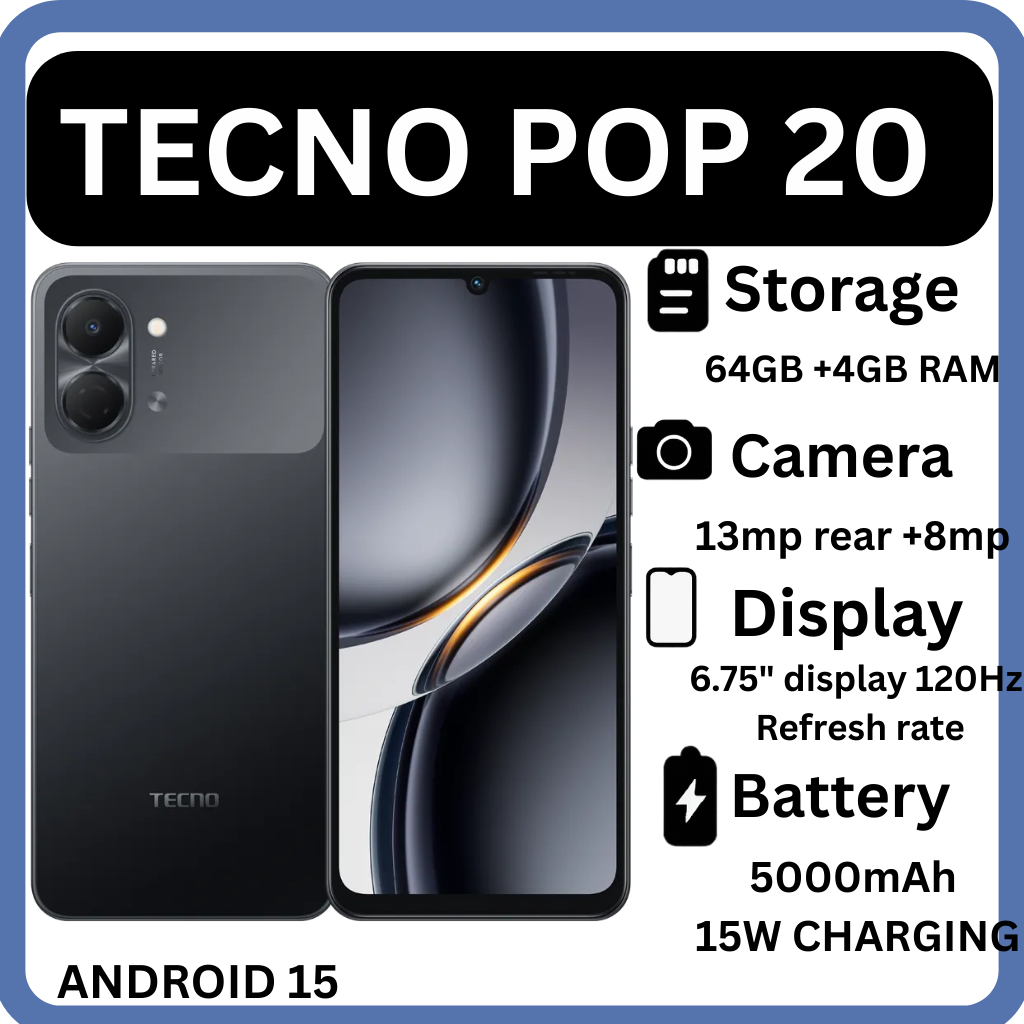 GOOD DEALS !!{NEW ARRIVAL}! TECNO POP 20 64GB ROM +4GB RAM 6.75 inch FHD 5000mAh Battery 13MP Main Camera Dual SIM 4G 15W FAST NETWORK UNISOC T7250 PROCESSOR Android 15 Mobile Phones SMARTPHONES