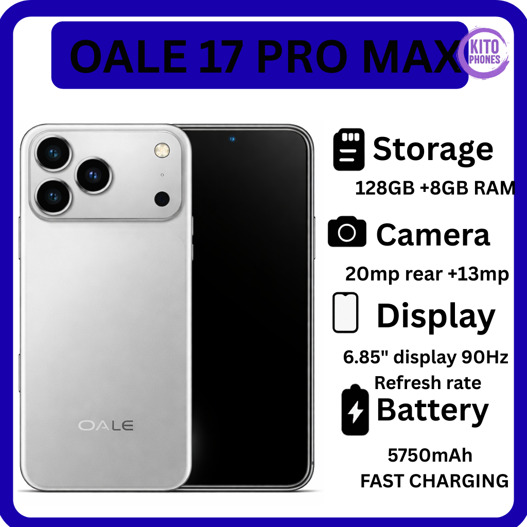 Oale 17 Pro Max 4G - 6.85" 128GB ROM 8GB(4+4GB) RAM 20MP REAR CAMERA + 13MP SELFIE 5750mAh BATTERY CAPACITY 4G-Network DUAL SIM ANDROID SMARTPHONE+ FREE GIFTS (EARPODS+WATCH+OTG CABLE)
Oale 17 Pro Max