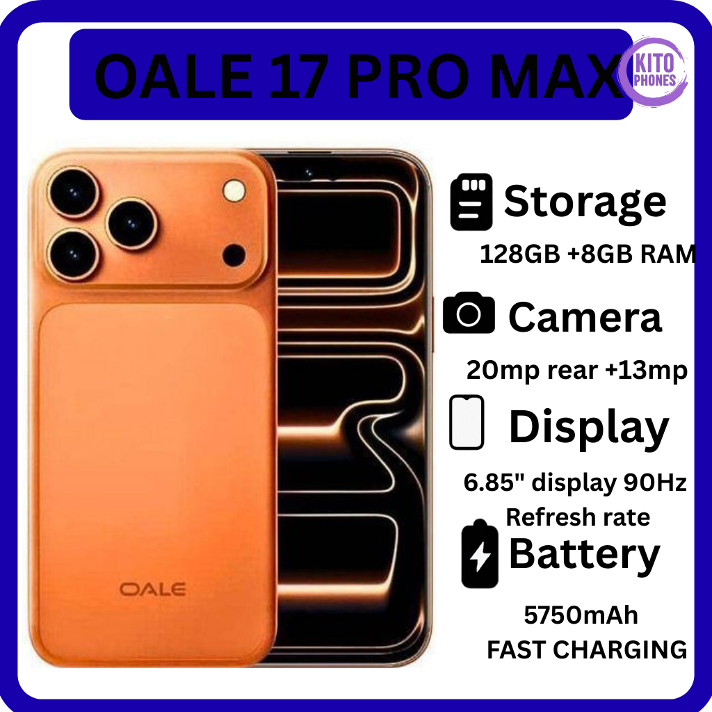Oale 17 Pro Max 4G - 6.85" 128GB ROM 8GB(4+4GB) RAM 20MP REAR CAMERA + 13MP SELFIE 5750mAh BATTERY CAPACITY 4G-Network DUAL SIM ANDROID SMARTPHONE+ FREE GIFTS (EARPODS+WATCH+OTG CABLE)
Oale 17 Pro Max