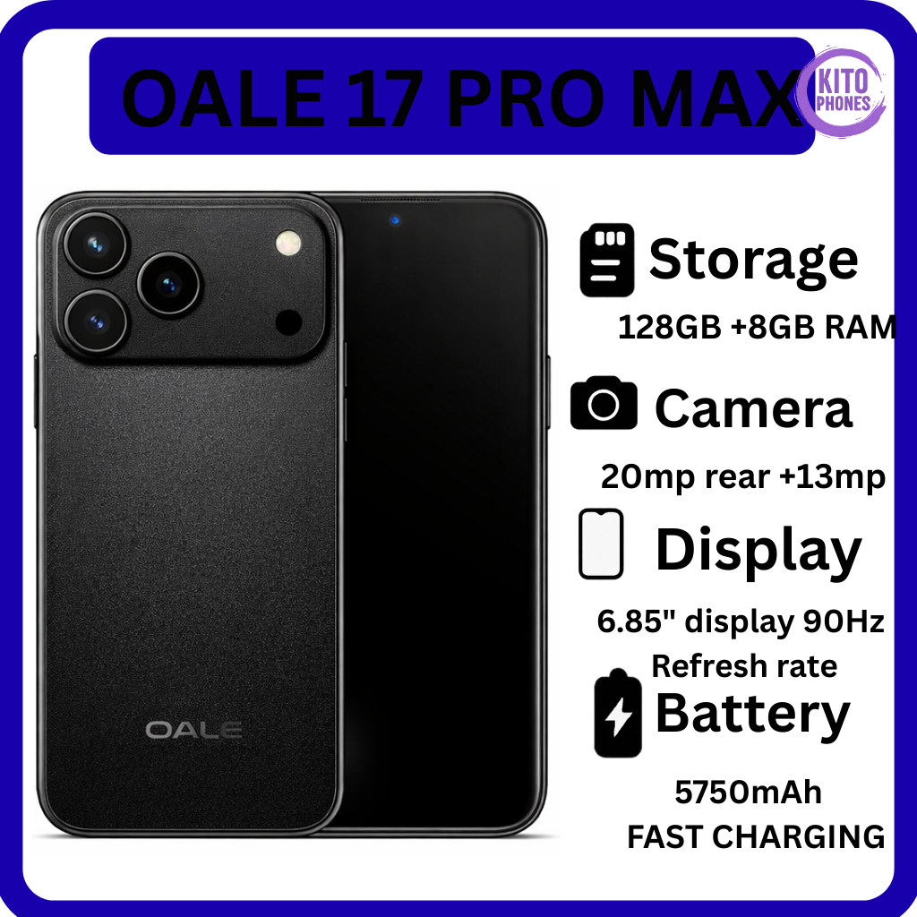 Oale 17 Pro Max 4G - 6.85" 128GB ROM 8GB(4+4GB) RAM 20MP REAR CAMERA + 13MP SELFIE 5750mAh BATTERY CAPACITY 4G-Network DUAL SIM ANDROID SMARTPHONE+ FREE GIFTS (EARPODS+WATCH+OTG CABLE)
Oale 17 Pro Max