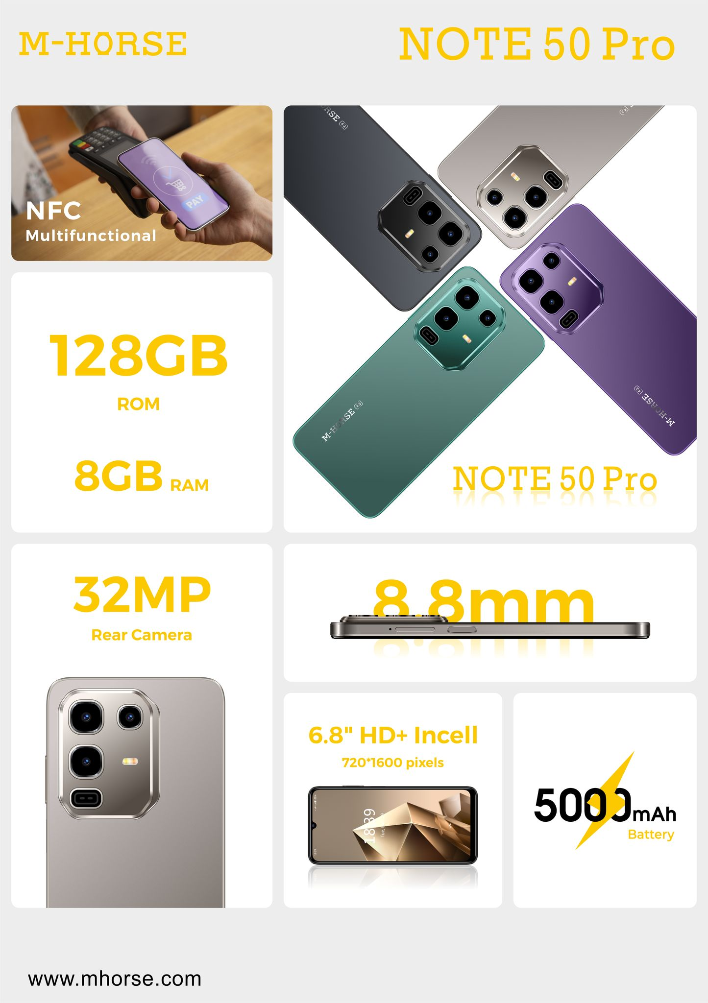 [BRAND NEW] [NEW ARRIVAL] M-HORSE NOTE 50 PRO 128GB ROM+8GB(4+4GB EXTENDED) RAM 5000mAh 16MP SELFIE+32MP REAR CAMERA SCREEN 6.9’’ HD INCELL WATER DROP SCREEN SIDE FINGERPRINT SMART PHONE +FREE GIFTS