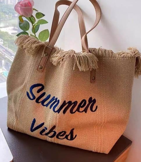 New Arrival Women's Tassel Tote Bag – Woven Canvas Embroidered Alphabet Design, Medium Large Capacity Shoulder Bag, Perfect for Summer Vibes, Beach, and Everyday Use