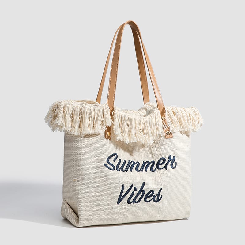 New Arrival Women's Tassel Tote Bag – Woven Canvas Embroidered Alphabet Design, Medium Large Capacity Shoulder Bag, Perfect for Summer Vibes, Beach, and Everyday Use