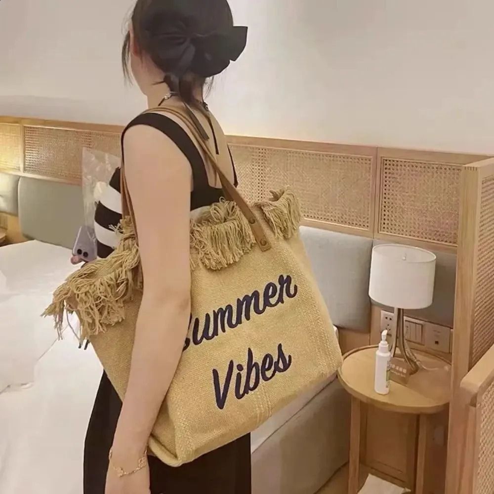 New Arrival Women's Tassel Tote Bag – Woven Canvas Embroidered Alphabet Design, Medium Large Capacity Shoulder Bag, Perfect for Summer Vibes, Beach, and Everyday Use