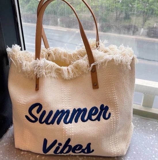 New Arrival Women's Tassel Tote Bag – Woven Canvas Embroidered Alphabet Design, Medium Large Capacity Shoulder Bag, Perfect for Summer Vibes, Beach, and Everyday Use