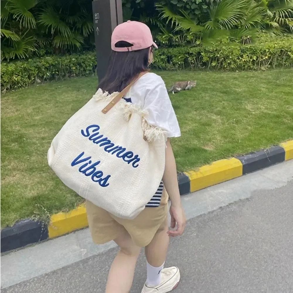 New Arrival Women's Tassel Tote Bag – Woven Canvas Embroidered Alphabet Design, Medium Large Capacity Shoulder Bag, Perfect for Summer Vibes, Beach, and Everyday Use