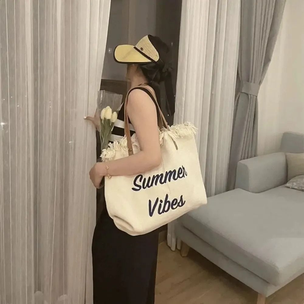 New Arrival Women's Tassel Tote Bag – Woven Canvas Embroidered Alphabet Design, Medium Large Capacity Shoulder Bag, Perfect for Summer Vibes, Beach, and Everyday Use
