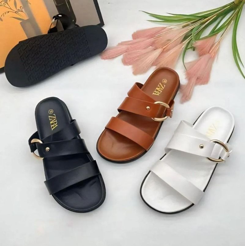 ZARA-Inspired Women's Double Strap Slip-On Sandals with Gold Buckle – Available in Brown, White & Black