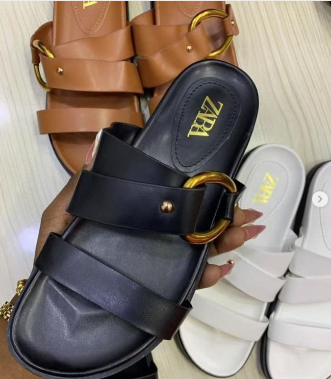 ZARA-Inspired Women's Double Strap Slip-On Sandals with Gold Buckle – Available in Brown, White & Black
