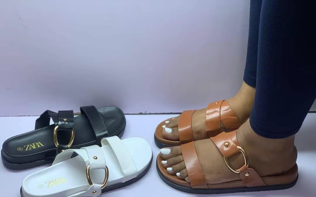 ZARA-Inspired Women's Double Strap Slip-On Sandals with Gold Buckle – Available in Brown, White & Black