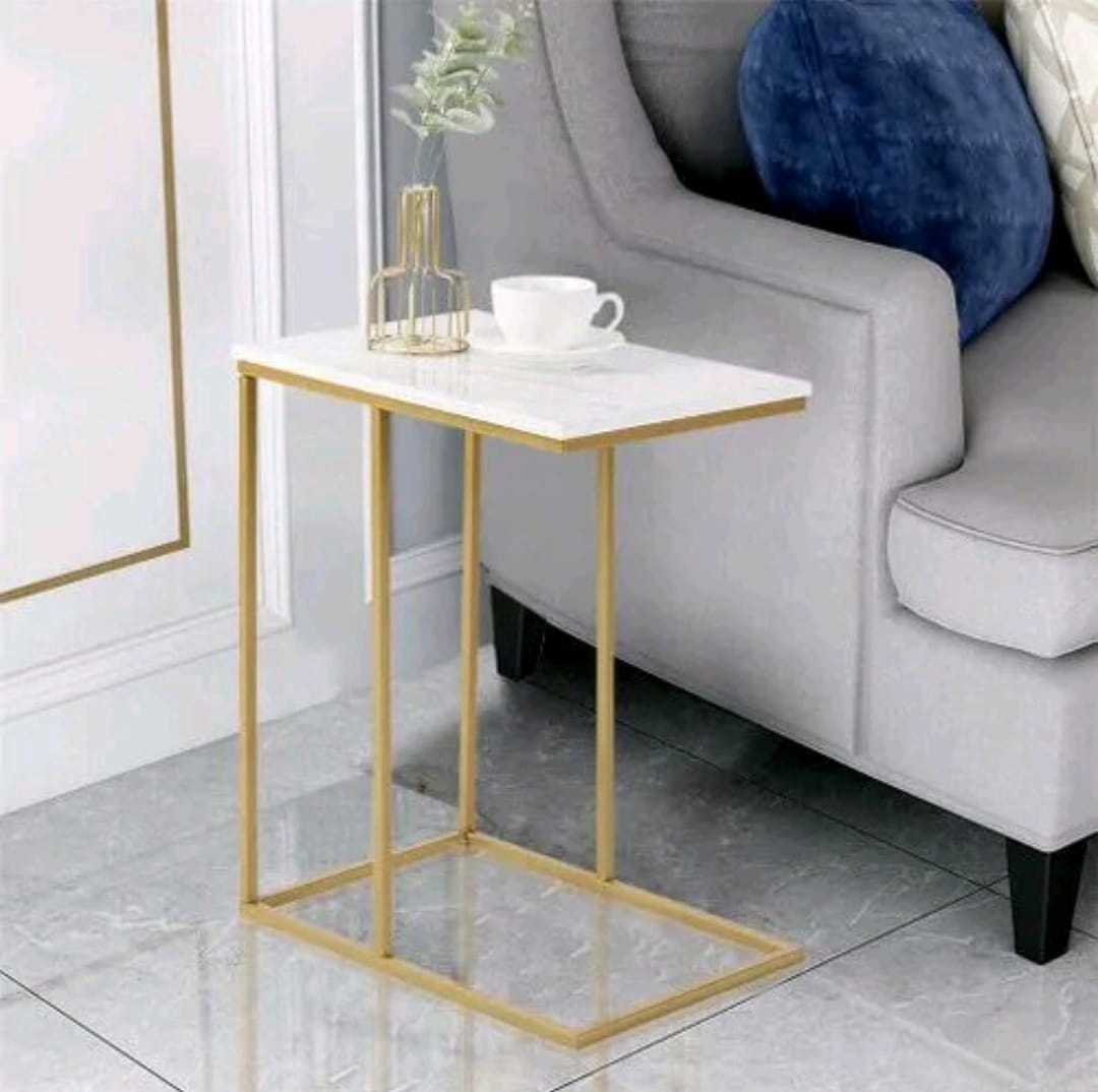 Sasha C-Shaped Side Table – Portable White Top with Gold Metal Frame for Sofa, Bedside, Laptop & Snack Use in Kenya