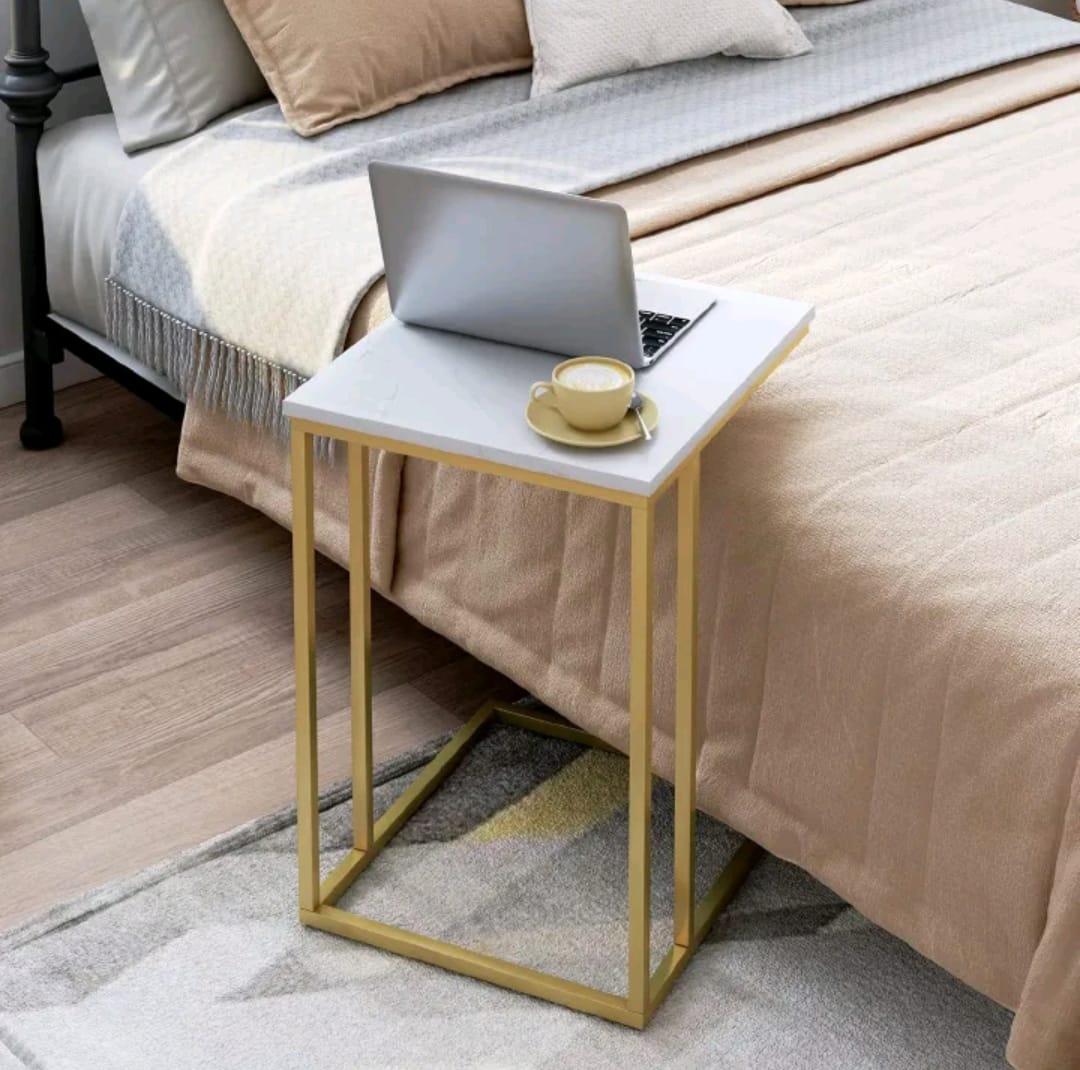 Sasha C-Shaped Side Table – Portable White Top with Gold Metal Frame for Sofa, Bedside, Laptop & Snack Use in Kenya