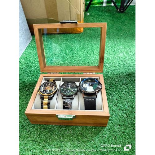 3 slots wooden watch organizer Watch display case with glass top Jewelry organizer for men and women