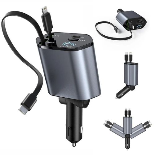 4 In 1 Retractable Super Fast Car Charger With Dual USB Ports & LED Display