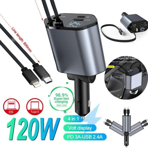 4 In 1 Retractable Super Fast Car Charger With Dual USB Ports & LED Display