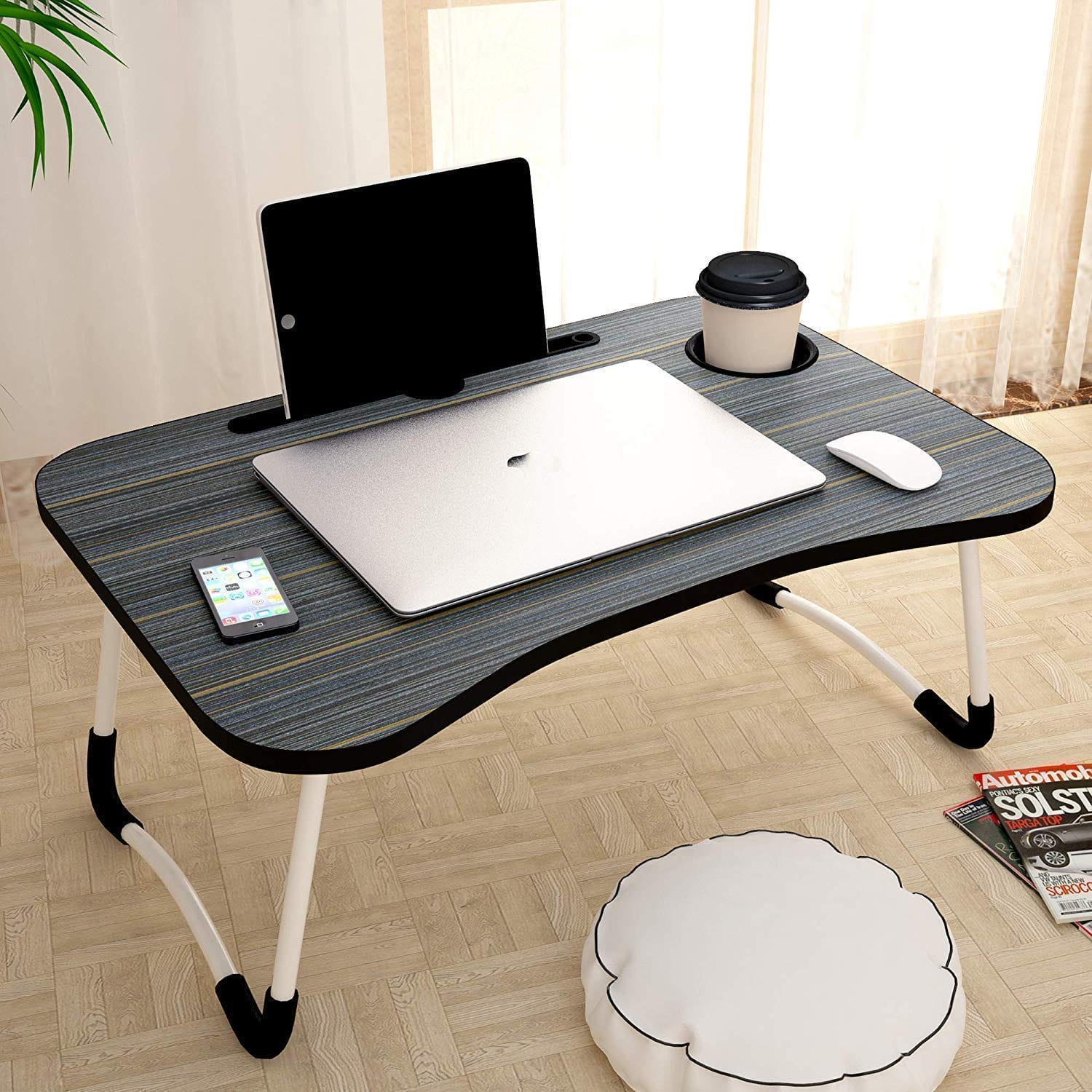 Multi-purpose foldable portable laptop /study desk table with tablet slot and drink slot