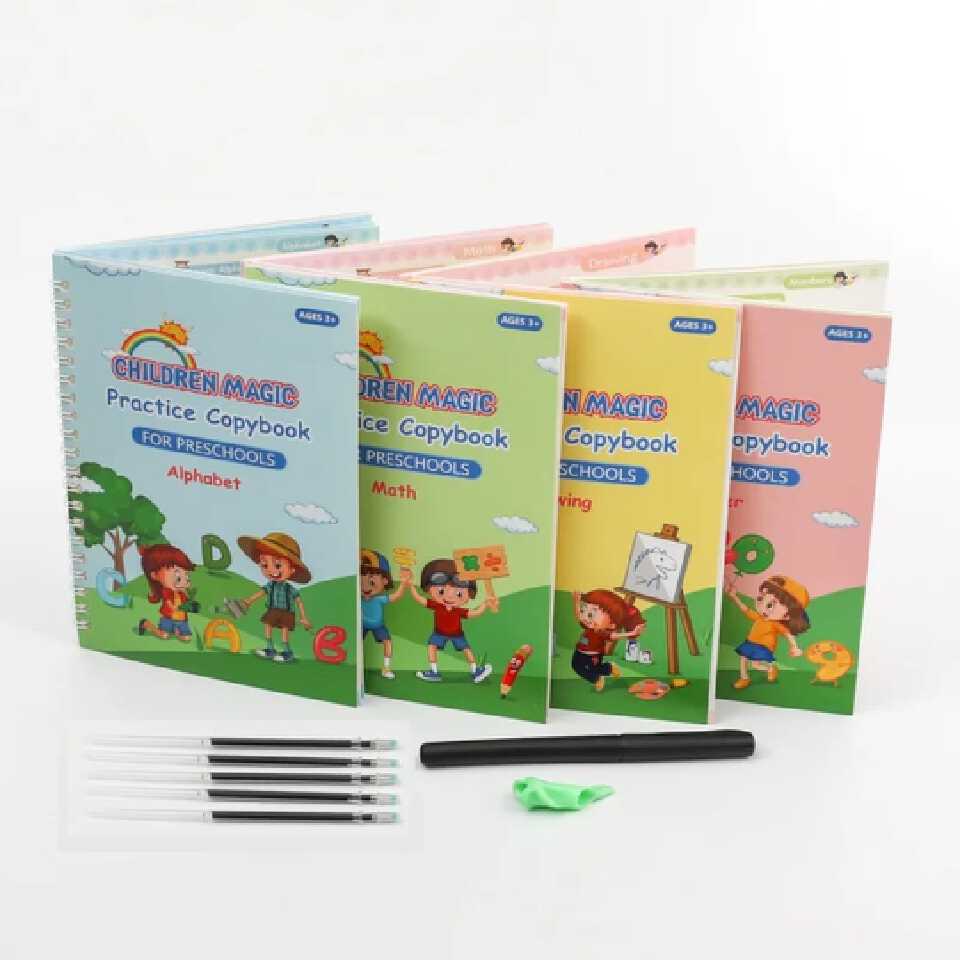 4pcs Children Magic practice copybook for kids - Comes with pen and pen refills.