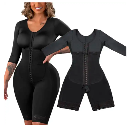 Women's Full-Body Compression Shapewear Suit with Sleeves – Hook Closure, Mid-Thigh Coverage & Lace Trim for Tummy and Arm Support