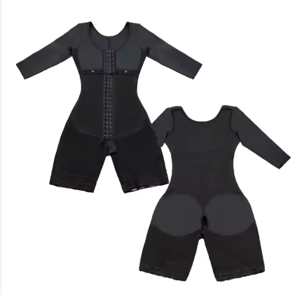 Women's Full-Body Compression Shapewear Suit with Sleeves – Hook Closure, Mid-Thigh Coverage & Lace Trim for Tummy and Arm Support