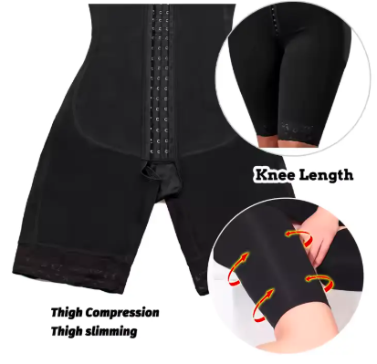 Women's Full-Body Compression Shapewear Suit with Sleeves – Hook Closure, Mid-Thigh Coverage & Lace Trim for Tummy and Arm Support