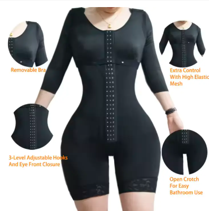 Women's Full-Body Compression Shapewear Suit with Sleeves – Hook Closure, Mid-Thigh Coverage & Lace Trim for Tummy and Arm Support