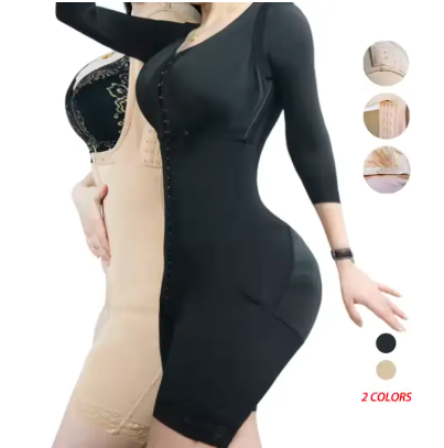 Women's Full-Body Compression Shapewear Suit with Sleeves – Hook Closure, Mid-Thigh Coverage & Lace Trim for Tummy and Arm Support