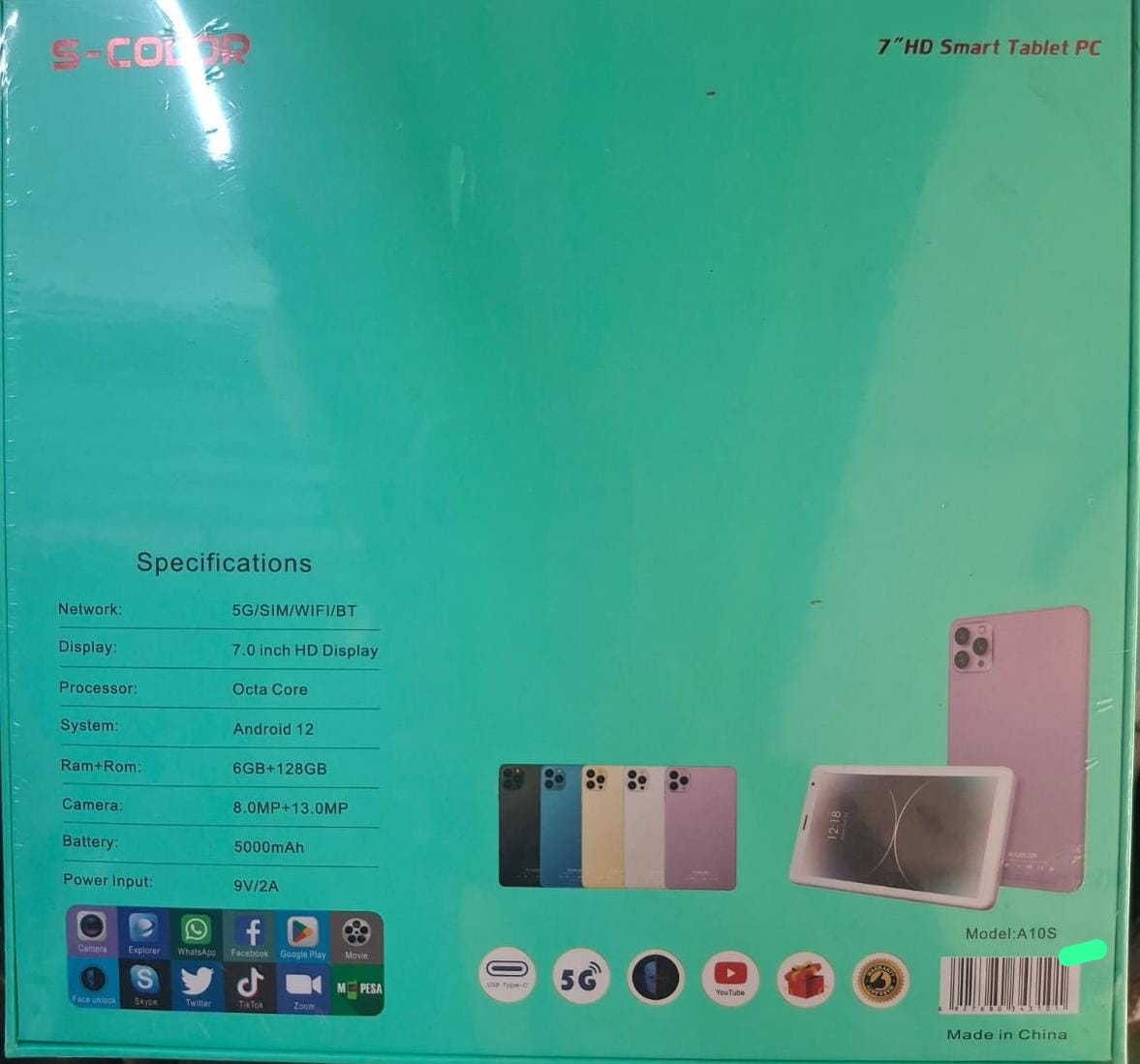 S-COLOR  A10S 7"HD Smart Tablet PC 5G Network with Sim card slot 6 GB + 128GB 8.0MP + 13.0MP Camera 5000mAh