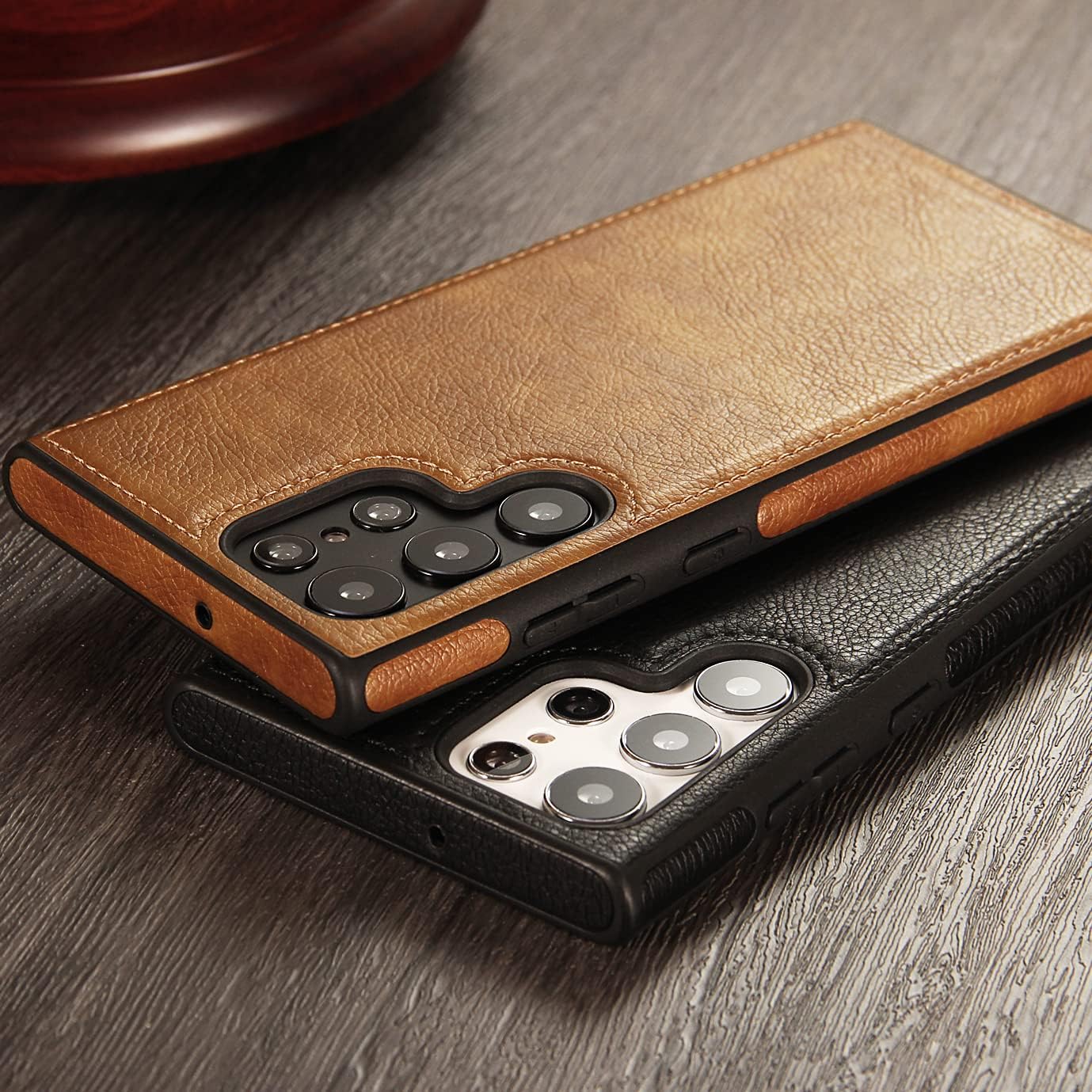 Black/Brown Full Premium Business Luxury Classic Non-Slip Slim Grip PU Soft Leather Cover Case for Samsung Galaxy S23 Ultra – Black, Brown