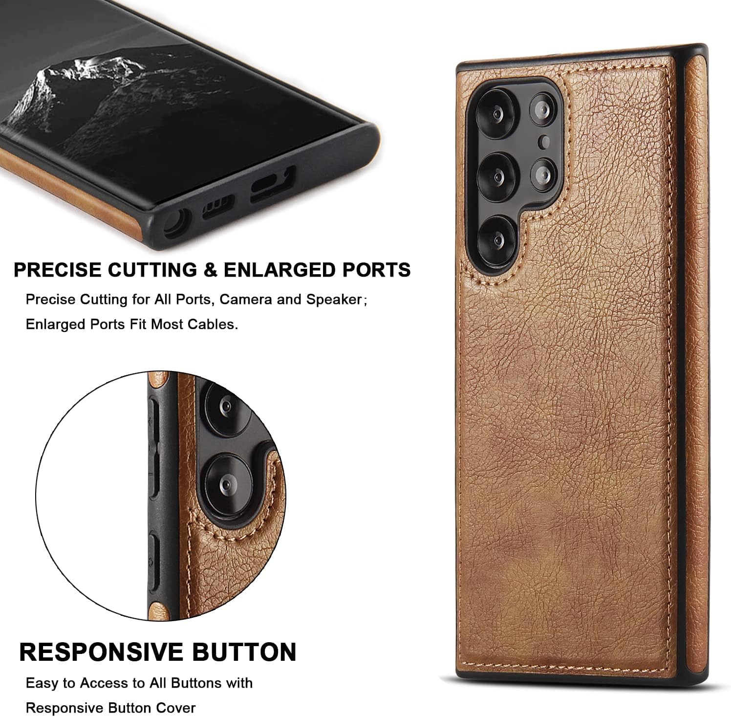 Black/Brown Full Premium Business Luxury Classic Non-Slip Slim Grip PU Soft Leather Cover Case for Samsung Galaxy S23 Ultra – Black, Brown