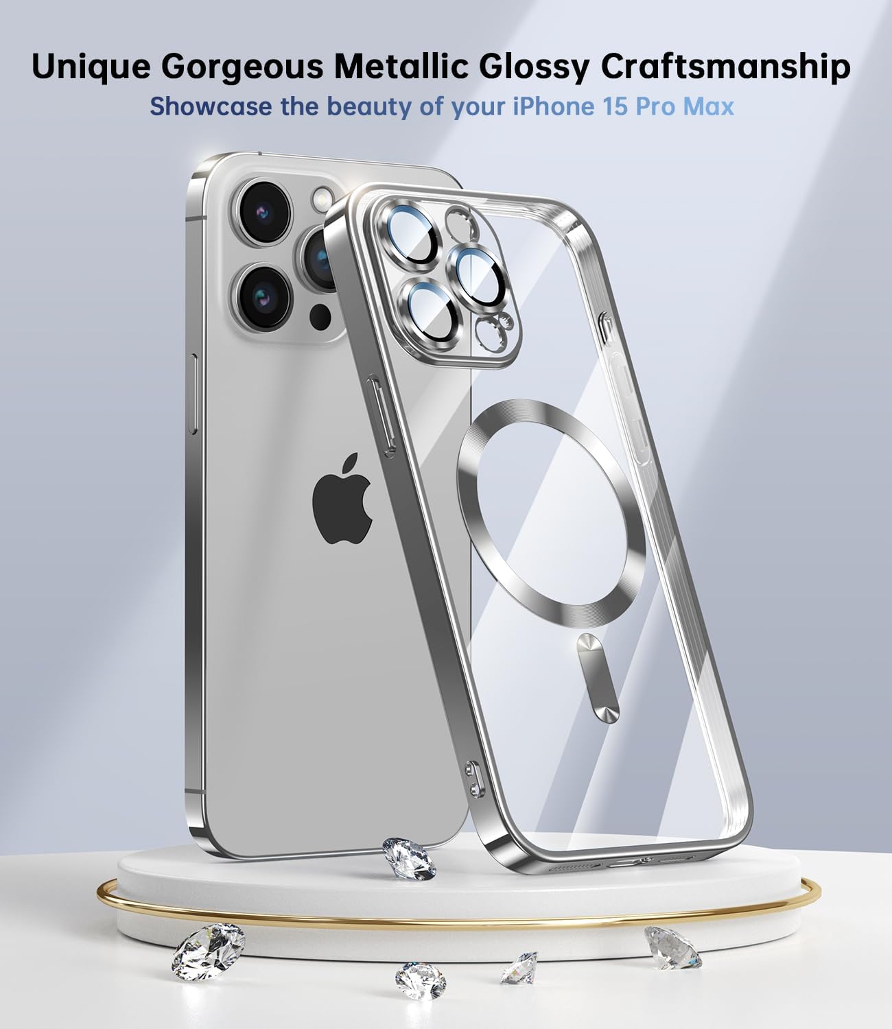 Glossy Electroplated Clear Slim Case Cover with Magnet, Compatible with Magsafe, Supports Wireless Charging, Case Cover for iPhone 15 Pro