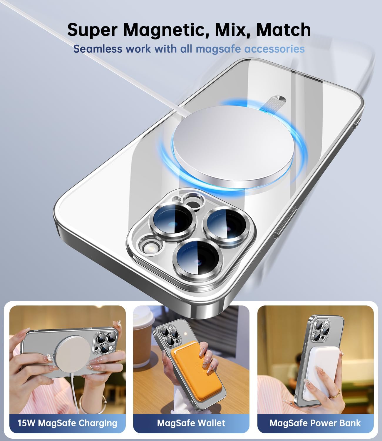 Glossy Electroplated Clear Slim Case Cover with Magnet, Compatible with Magsafe, Supports Wireless Charging, Case Cover for iPhone 15 Pro