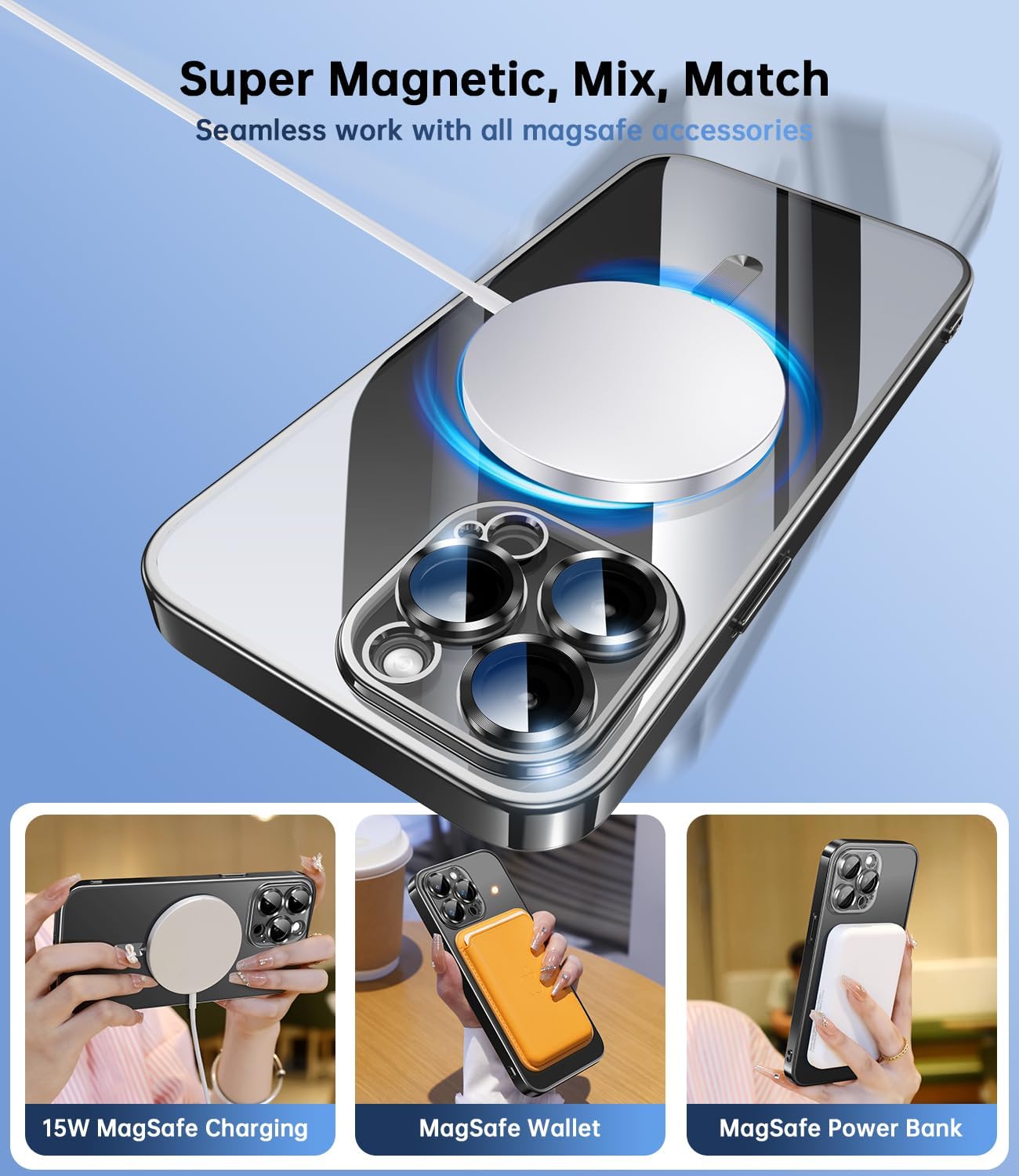 Glossy Electroplated Clear Slim Case Cover with Magnet, Compatible with Magsafe, Supports Wireless Charging, Case Cover for iPhone 15 Pro