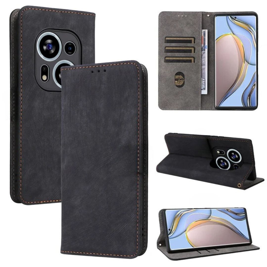 Black Wallet Retro Leather Kickstand Flip Case All-Round Protection Cover Case For Tecno Phantom X2 Pro