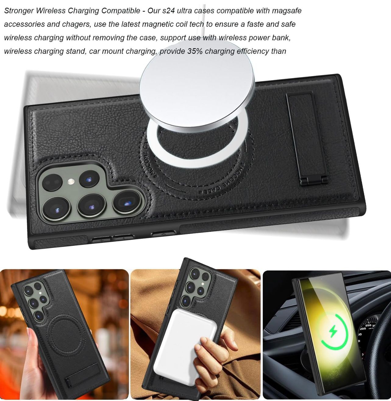 Magnetic Soft PU Leather Case with Wireless Charging, MagSafe Shockproof Phone Cover for Samsung Galaxy S24 Ultra