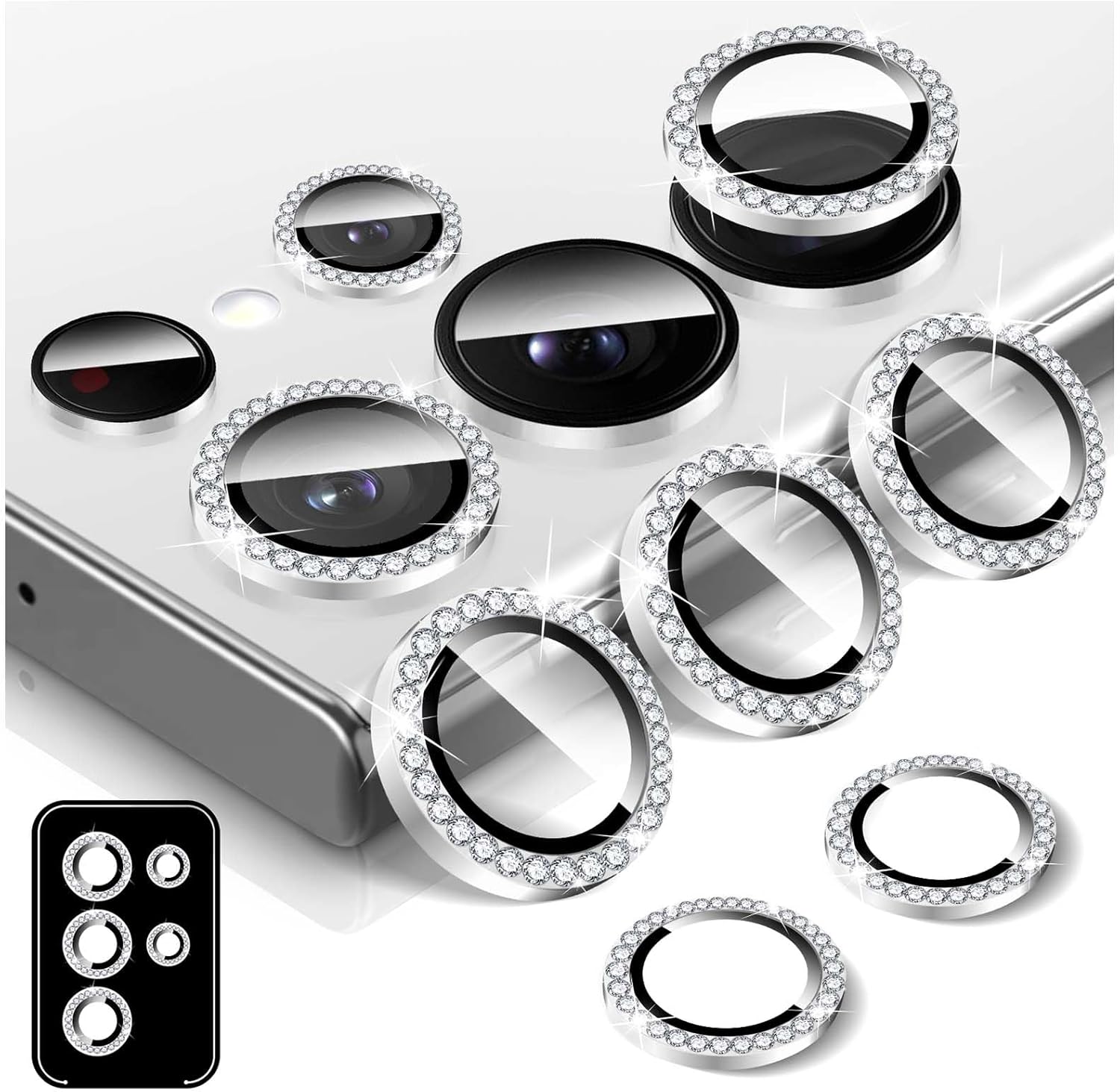 Diamond Metal Ring Camera Lens Protector for Samsung Galaxy S24 Ultra, Tempered Glass Back Camera Cover Screen Protector, Bling Anti-Scratch Individual Aluminum Metal Protective Ring