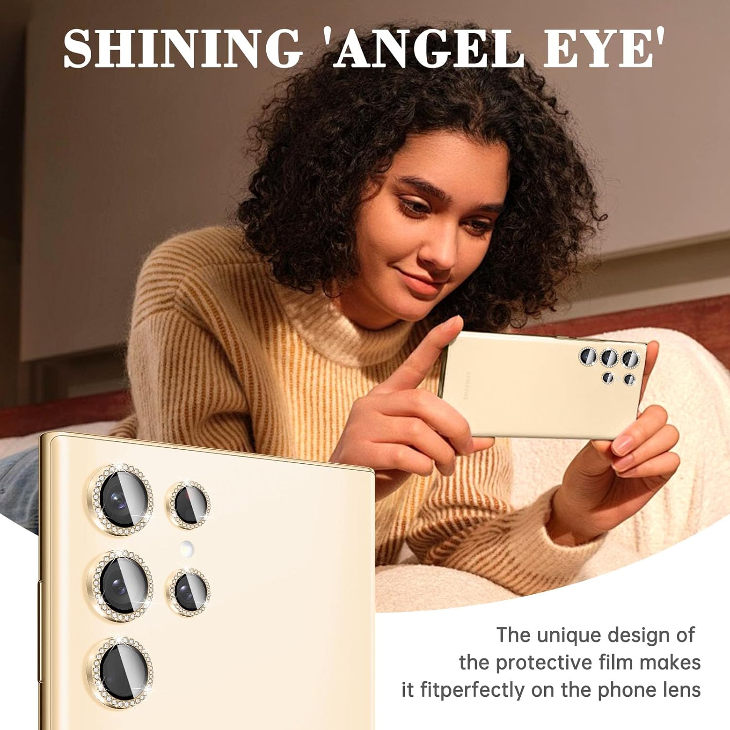 Diamond Metal Ring Camera Lens Protector for Samsung Galaxy S24 Ultra, Tempered Glass Back Camera Cover Screen Protector, Bling Anti-Scratch Individual Aluminum Metal Protective Ring