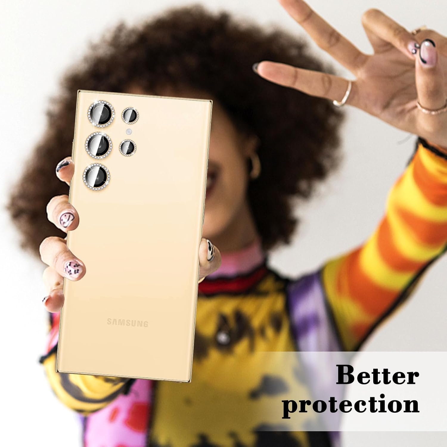 Diamond Metal Ring Camera Lens Protector for Samsung Galaxy S24 Ultra, Tempered Glass Back Camera Cover Screen Protector, Bling Anti-Scratch Individual Aluminum Metal Protective Ring