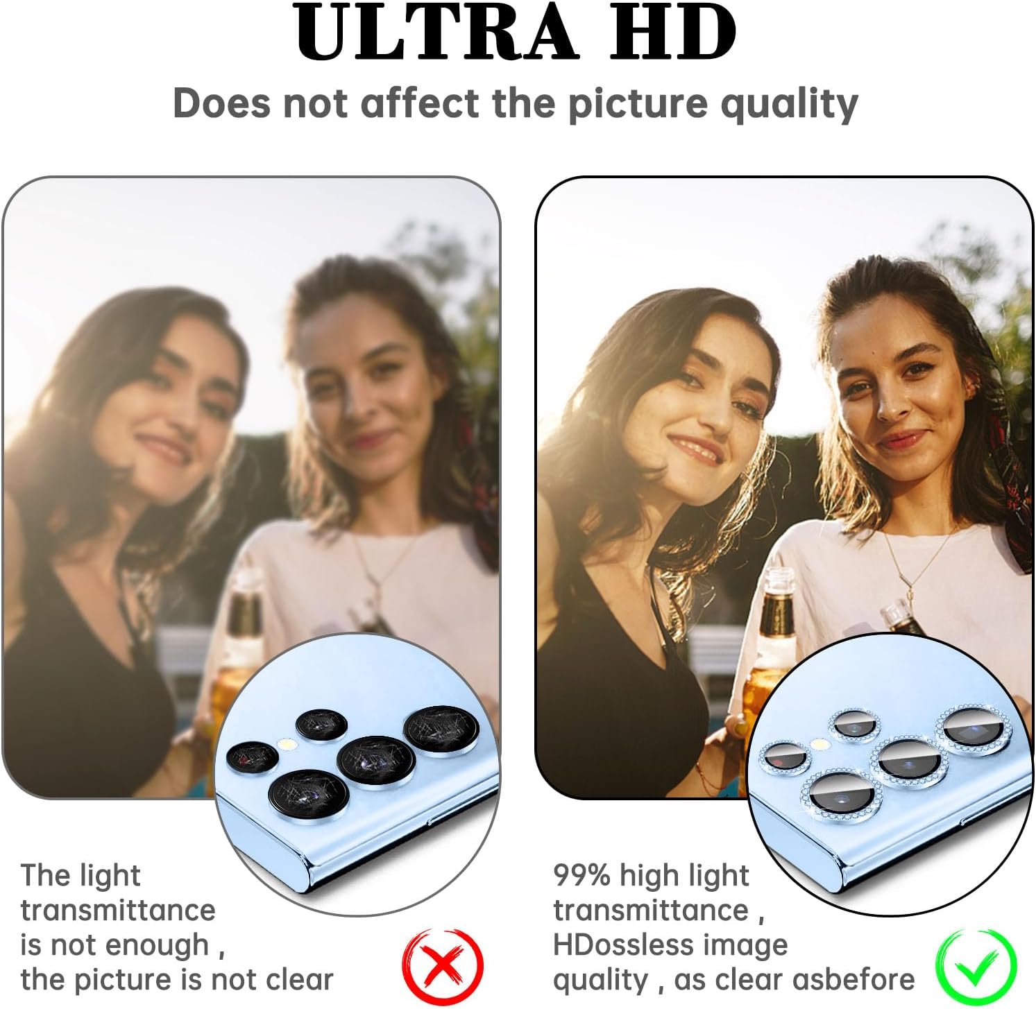 Diamond Metal Ring Camera Lens Protector for Samsung Galaxy S24 Ultra, Tempered Glass Back Camera Cover Screen Protector, Bling Anti-Scratch Individual Aluminum Metal Protective Ring