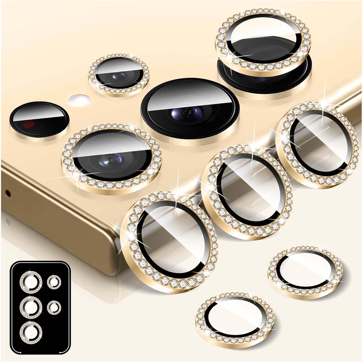 Diamond Metal Ring Camera Lens Protector for Samsung Galaxy S24 Ultra, Tempered Glass Back Camera Cover Screen Protector, Bling Anti-Scratch Individual Aluminum Metal Protective Ring