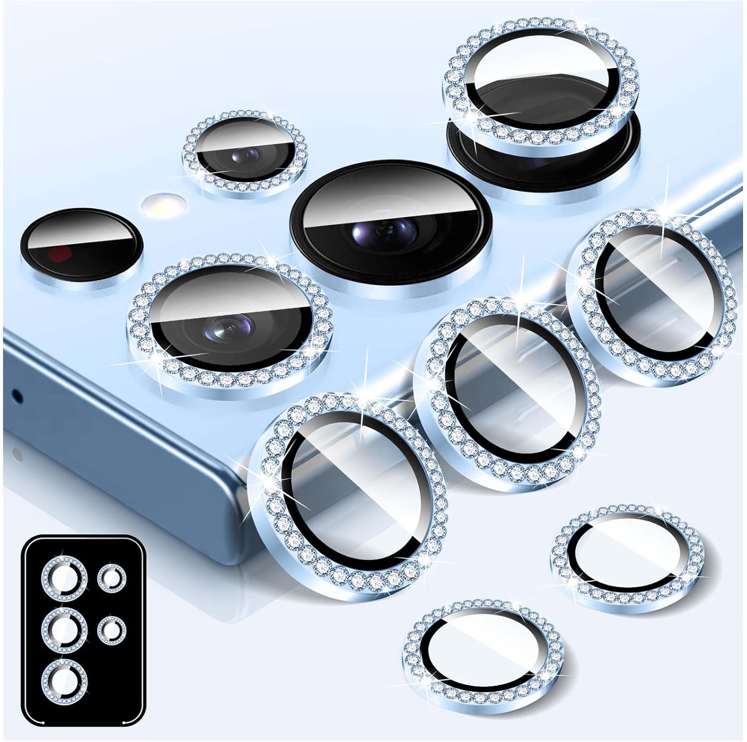 Diamond Metal Ring Camera Lens Protector for Samsung Galaxy S24 Ultra, Tempered Glass Back Camera Cover Screen Protector, Bling Anti-Scratch Individual Aluminum Metal Protective Ring