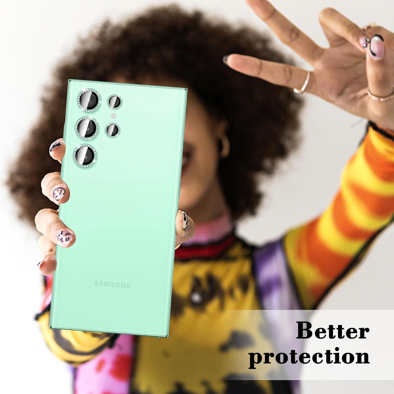 Diamond Metal Ring Camera Lens Protector for Samsung Galaxy S24 Ultra, Tempered Glass Back Camera Cover Screen Protector, Bling Anti-Scratch Individual Aluminum Metal Protective Ring