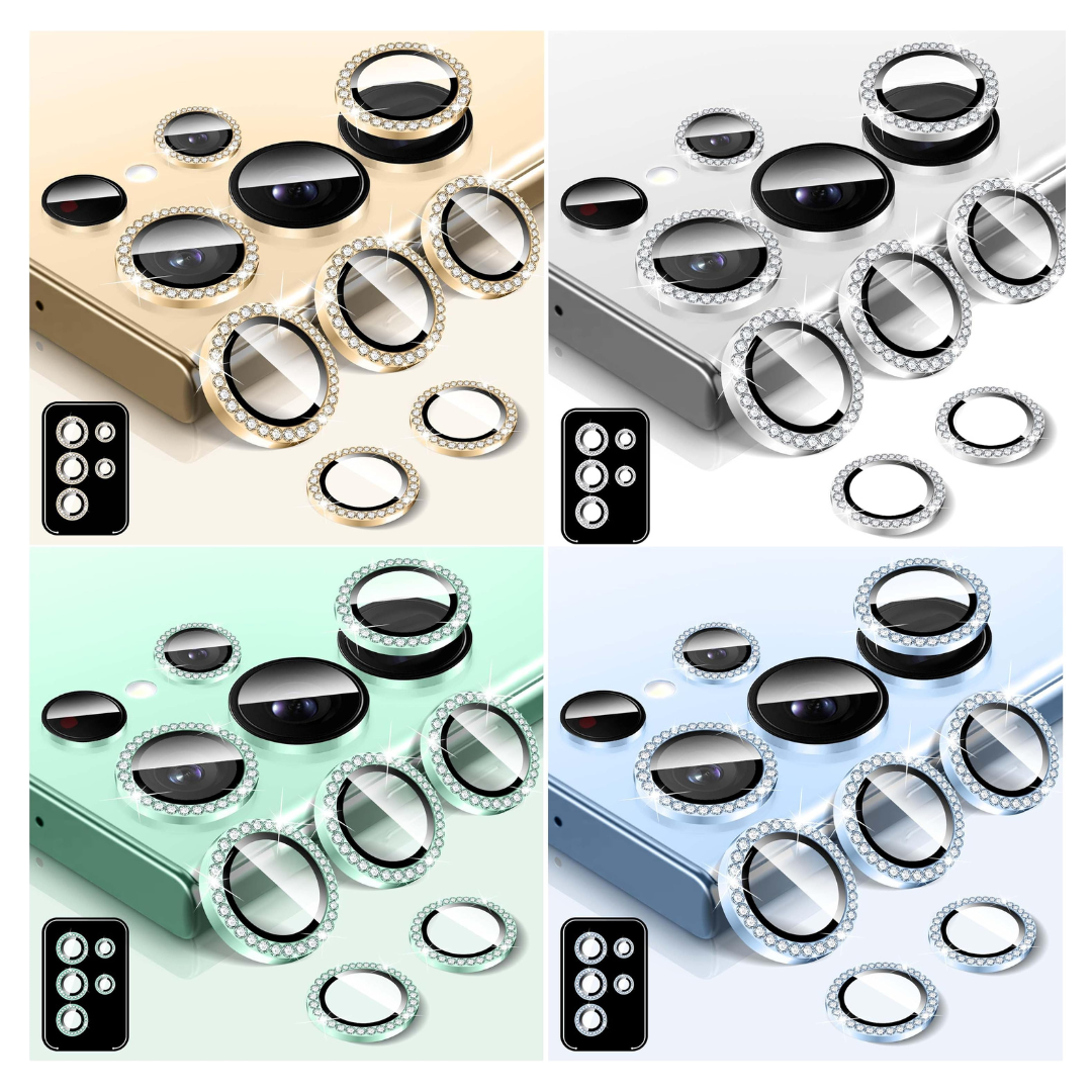 Diamond Metal Ring Camera Lens Protector for Samsung Galaxy S24 Ultra, Tempered Glass Back Camera Cover Screen Protector, Bling Anti-Scratch Individual Aluminum Metal Protective Ring