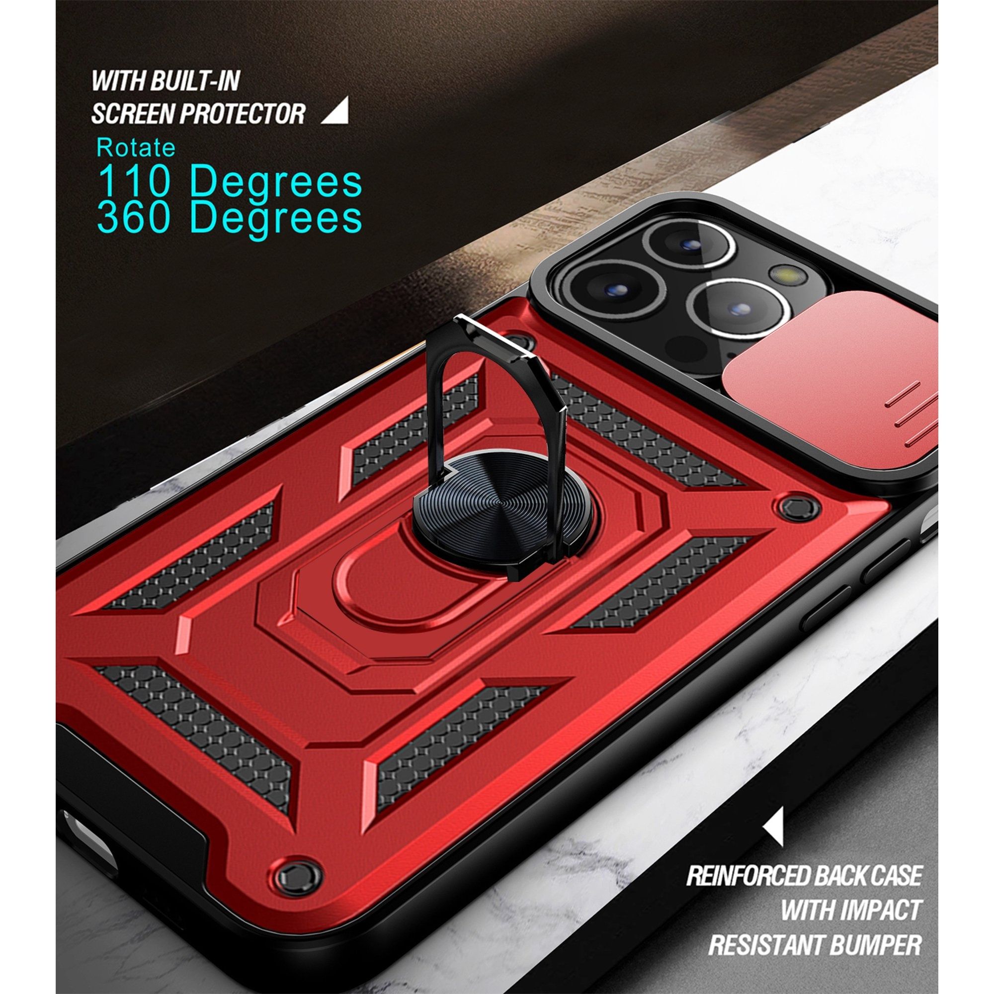 Rugged Stand Case with Slide Camera Cover for iPhone13pro, Built-in 360° Rotate Ring Kickstand Shockproof Hard Cover Case for iPhone 13 Pro