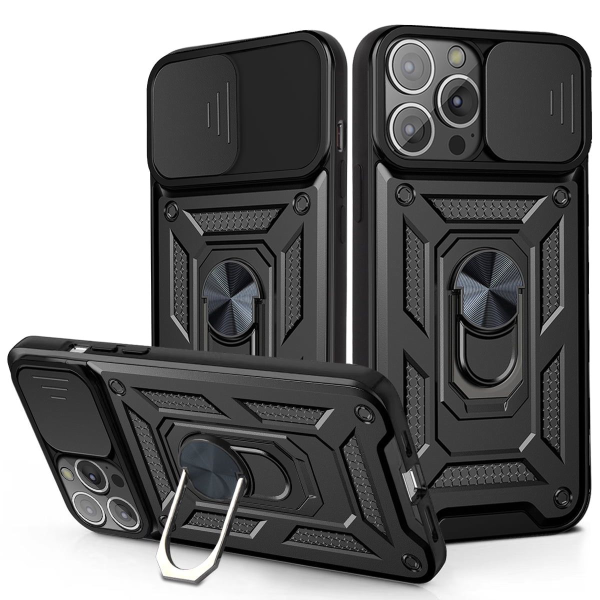 Rugged Stand Case with Slide Camera Cover for iPhone13pro, Built-in 360° Rotate Ring Kickstand Shockproof Hard Cover Case for iPhone 13 Pro